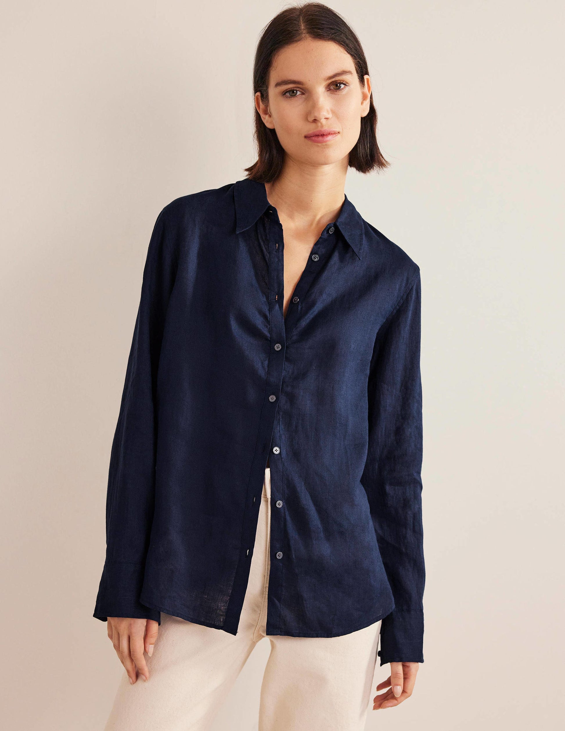 Nouvelle chemise en lin-Bleu marine-1