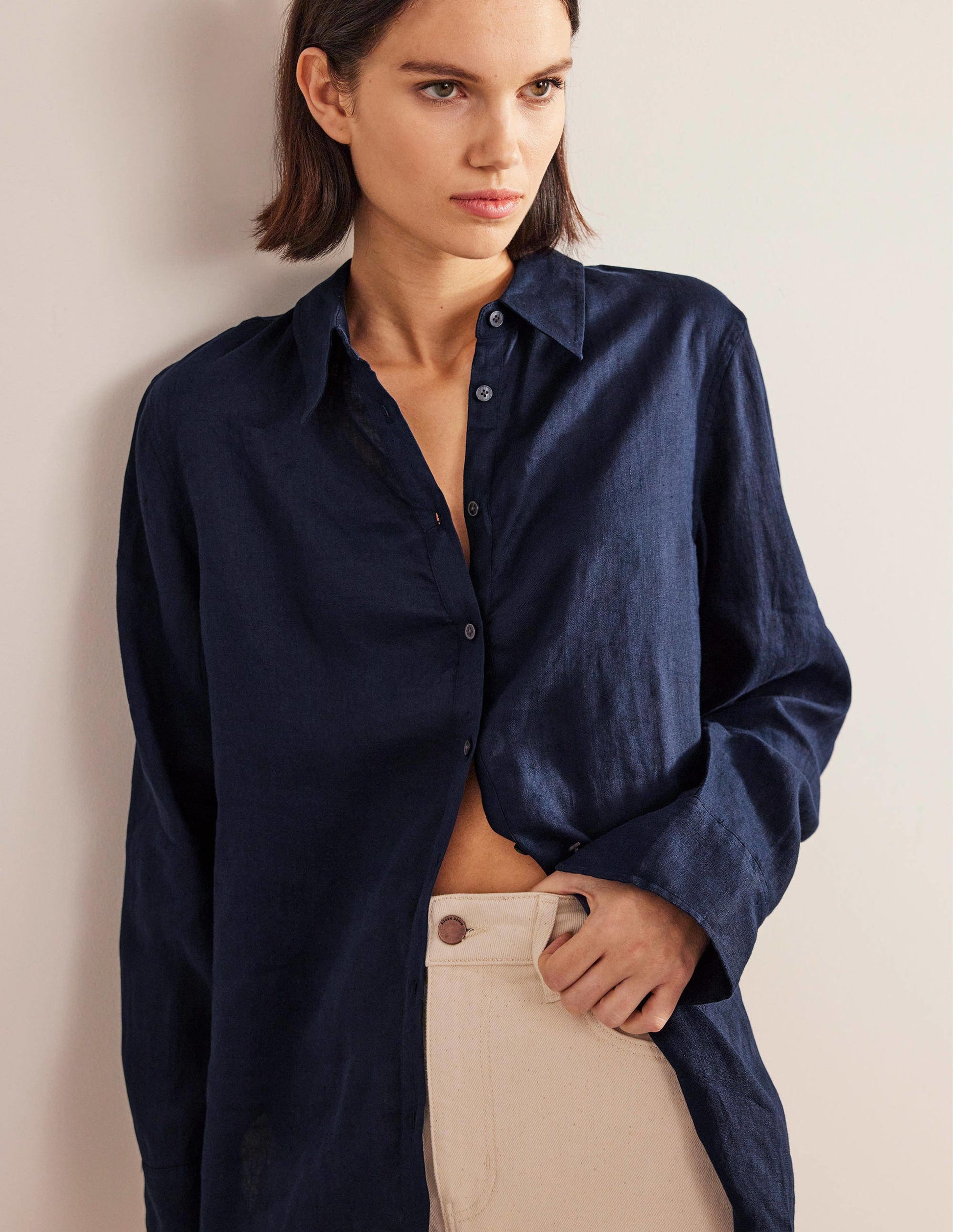 Nouvelle chemise en lin-Bleu marine-4