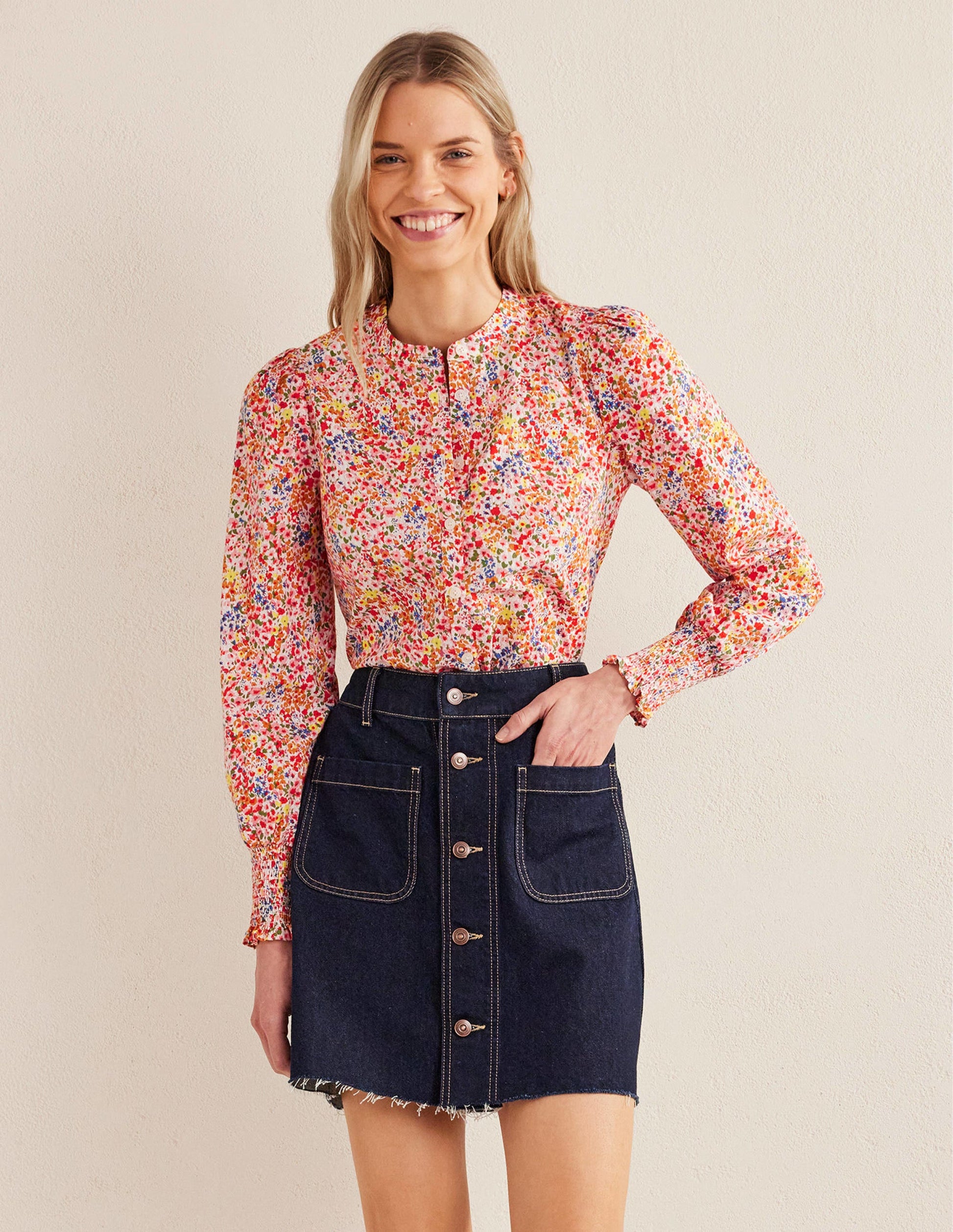 Smocked Cuff Shirt-Sunflower, Gardenia Petal-1