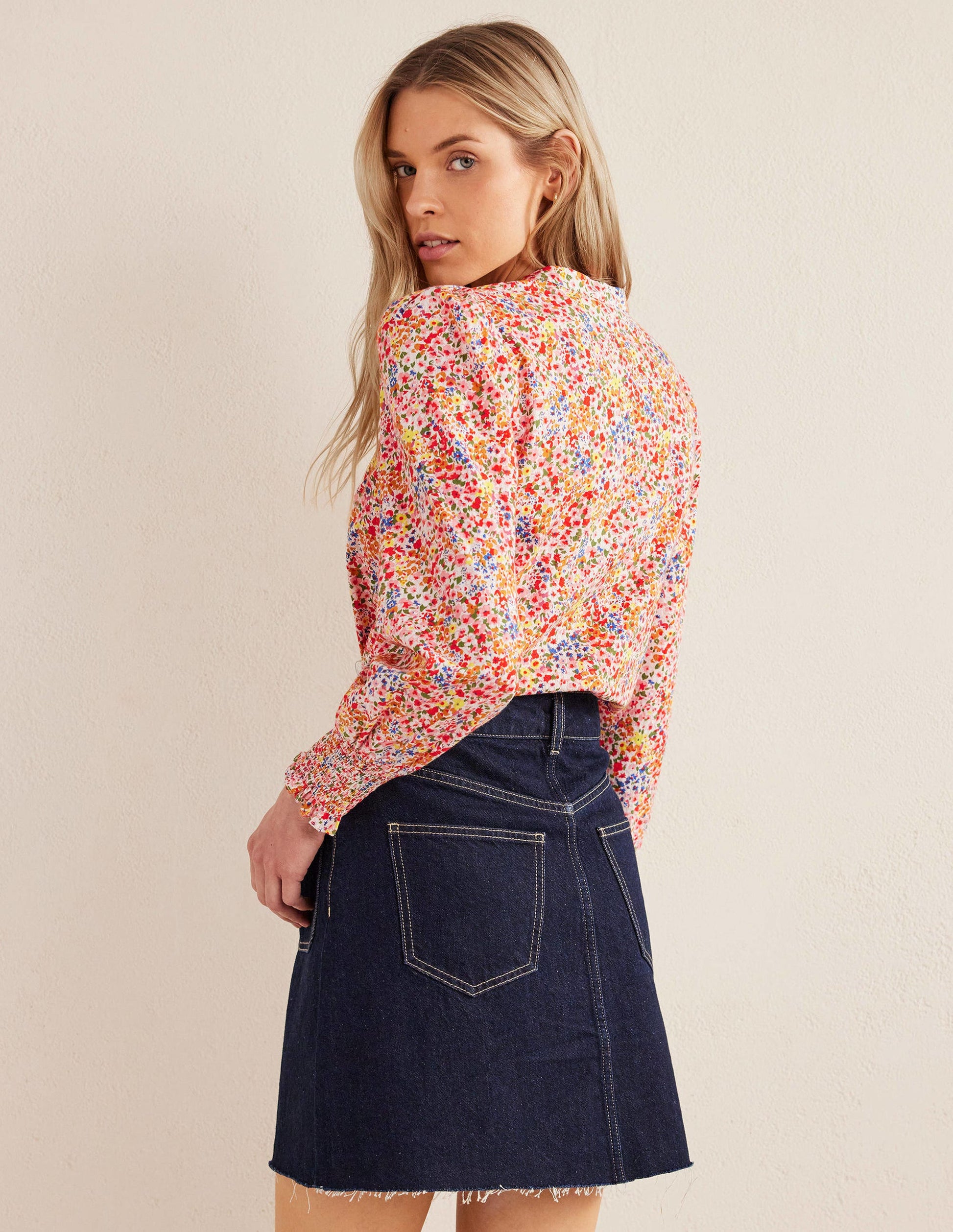 Smocked Cuff Shirt-Sunflower, Gardenia Petal-3