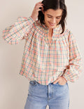 Smocking Detail Blouse-Soft Ivory Check