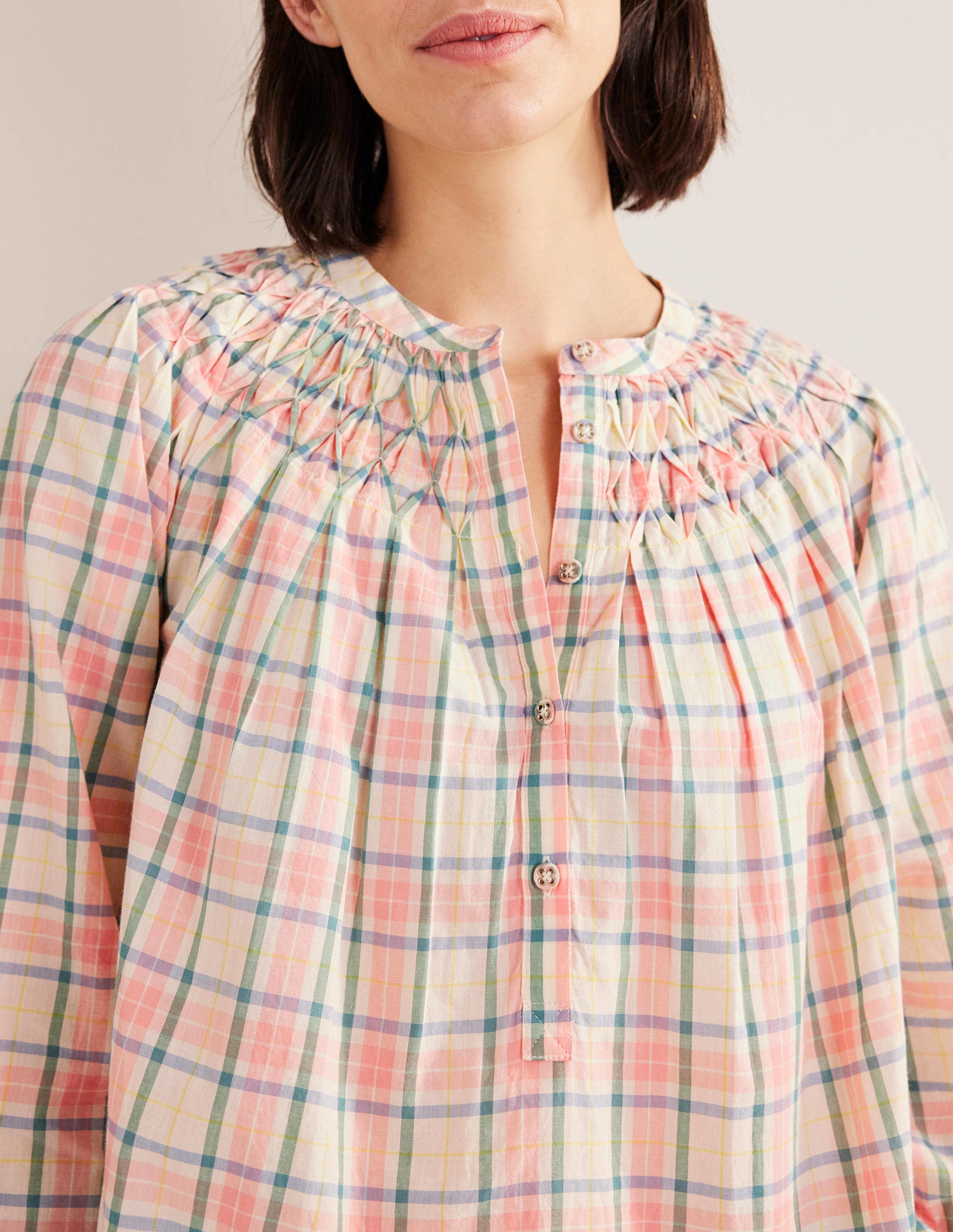 Smocking Detail Blouse-Soft Ivory Check - Image 2