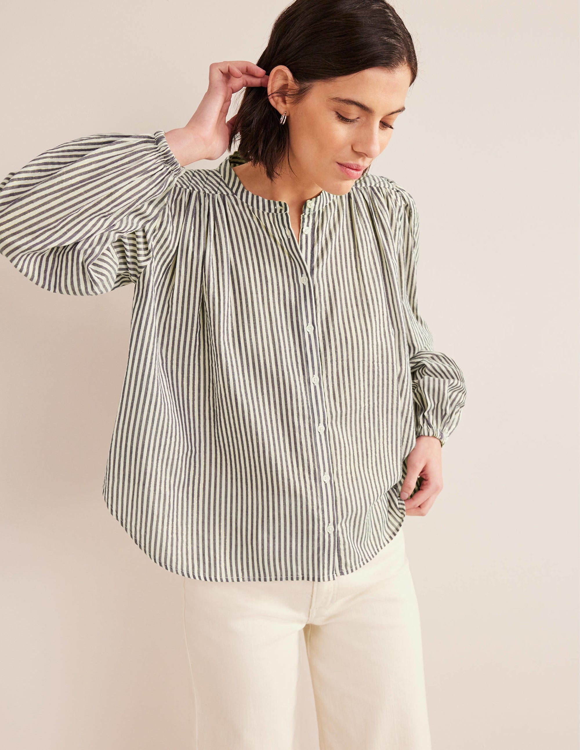 Blouse champêtre vintage à ourlets arrondis-Rayé lurex bleu marine et ivoire - Image 1