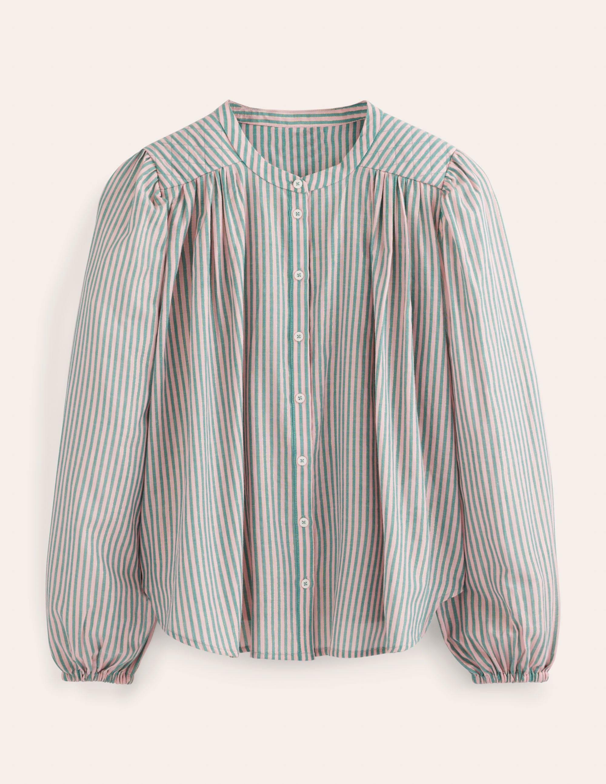 Blouse champêtre vintage à ourlets arrondis-Rayé lurex rose et vert - Image 6