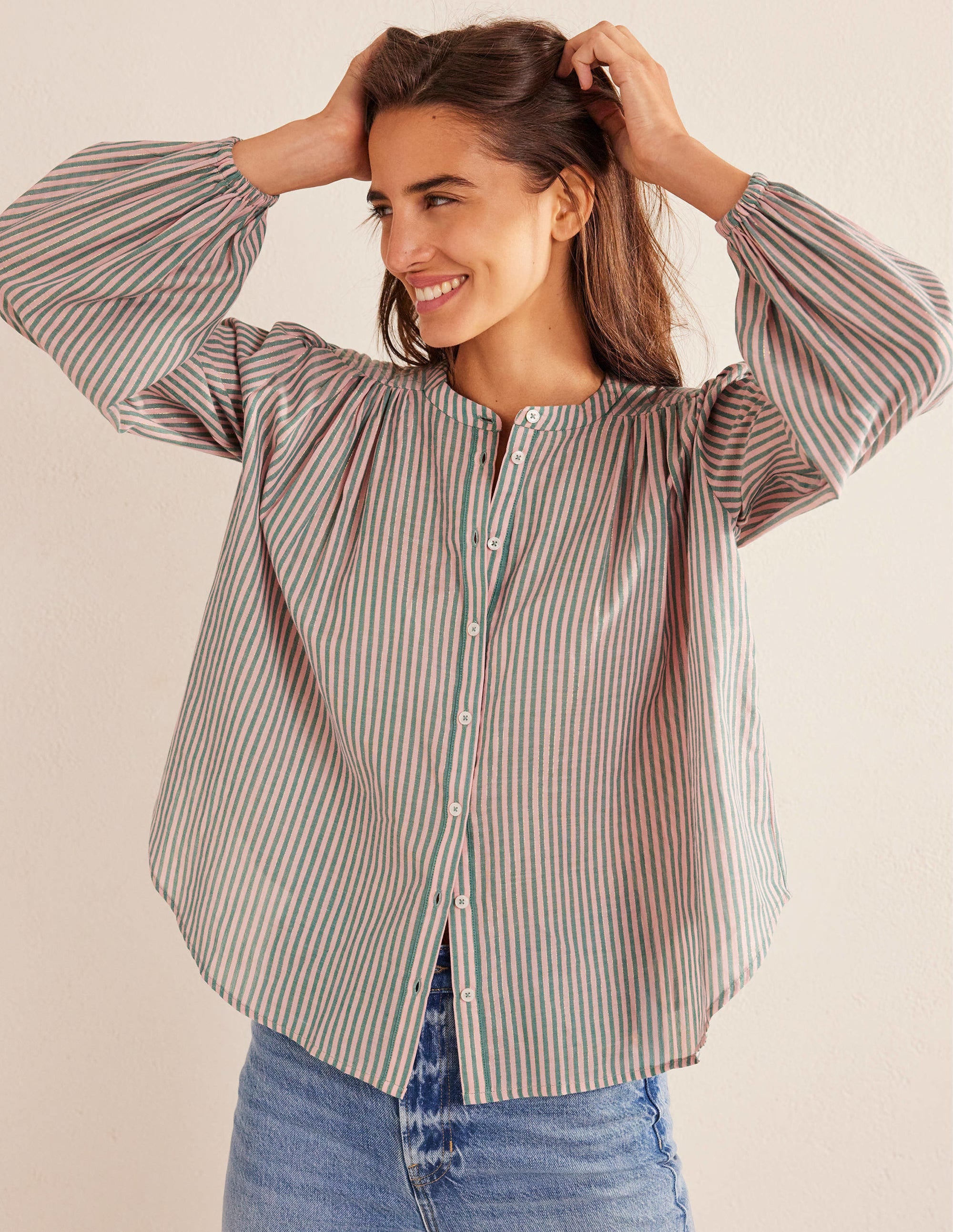 Blouse champêtre vintage à ourlets arrondis-Rayé lurex rose et vert - Image 1