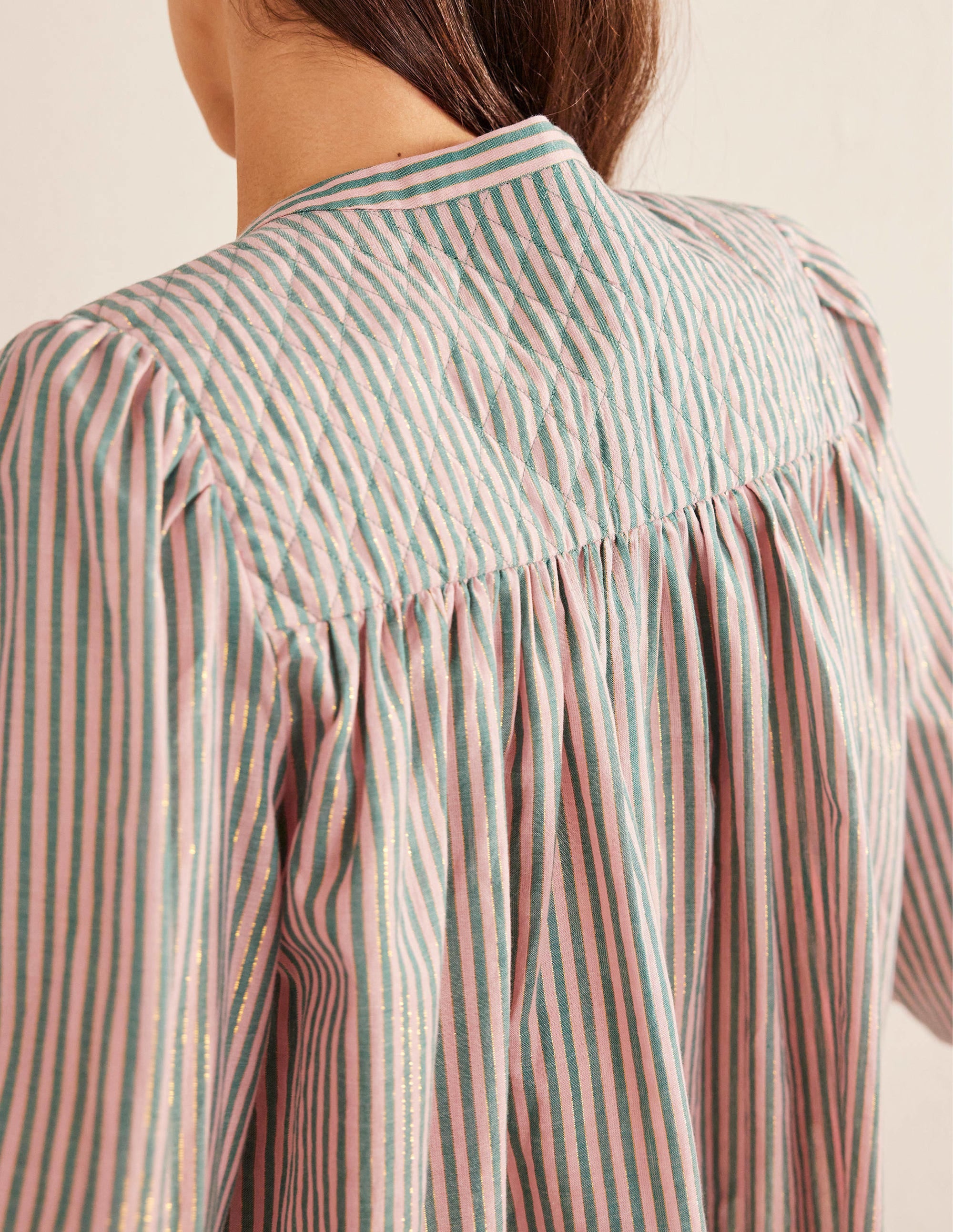 Blouse champêtre vintage à ourlets arrondis-Rayé lurex rose et vert - Image 2