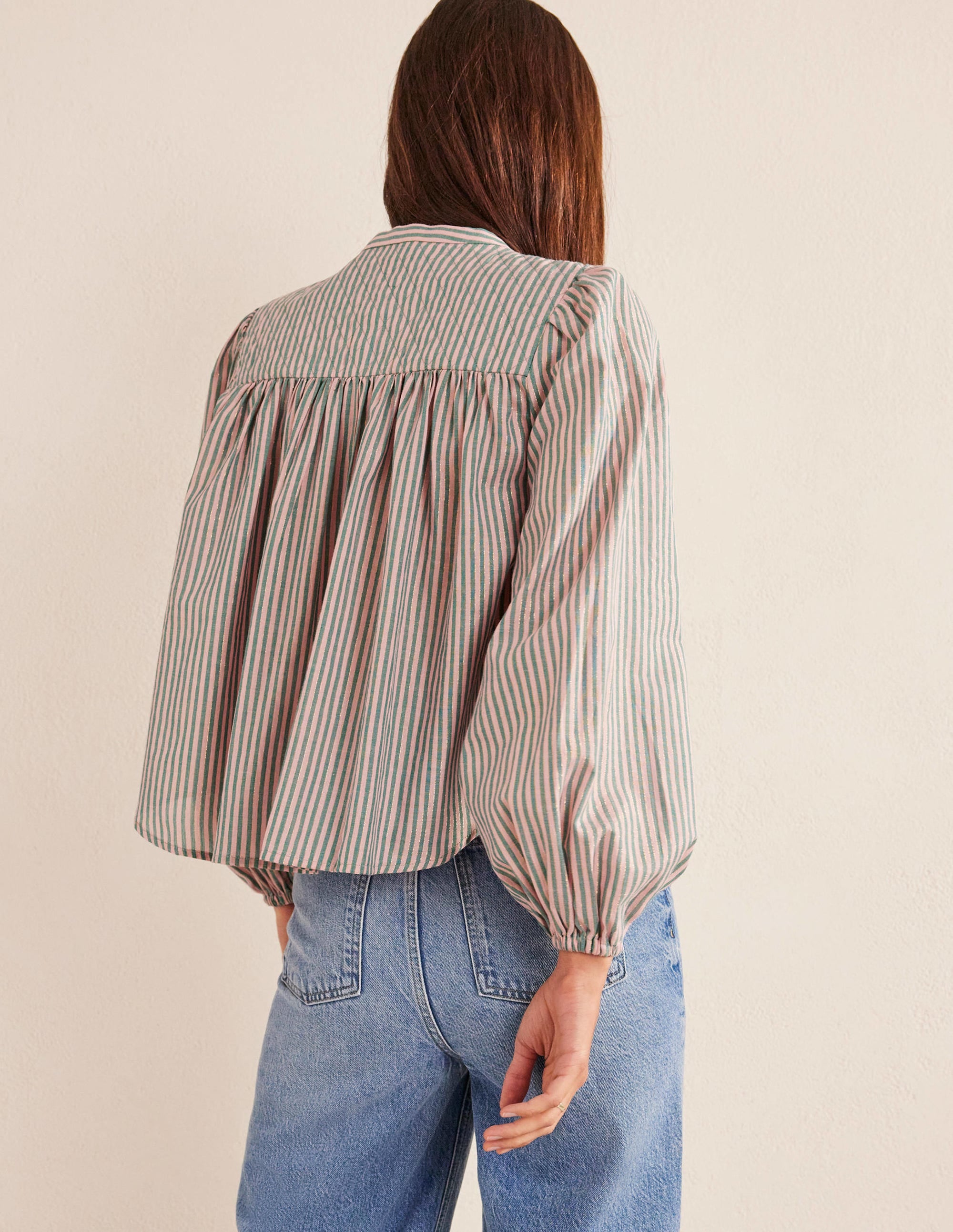 Blouse champêtre vintage à ourlets arrondis-Rayé lurex rose et vert - Image 3