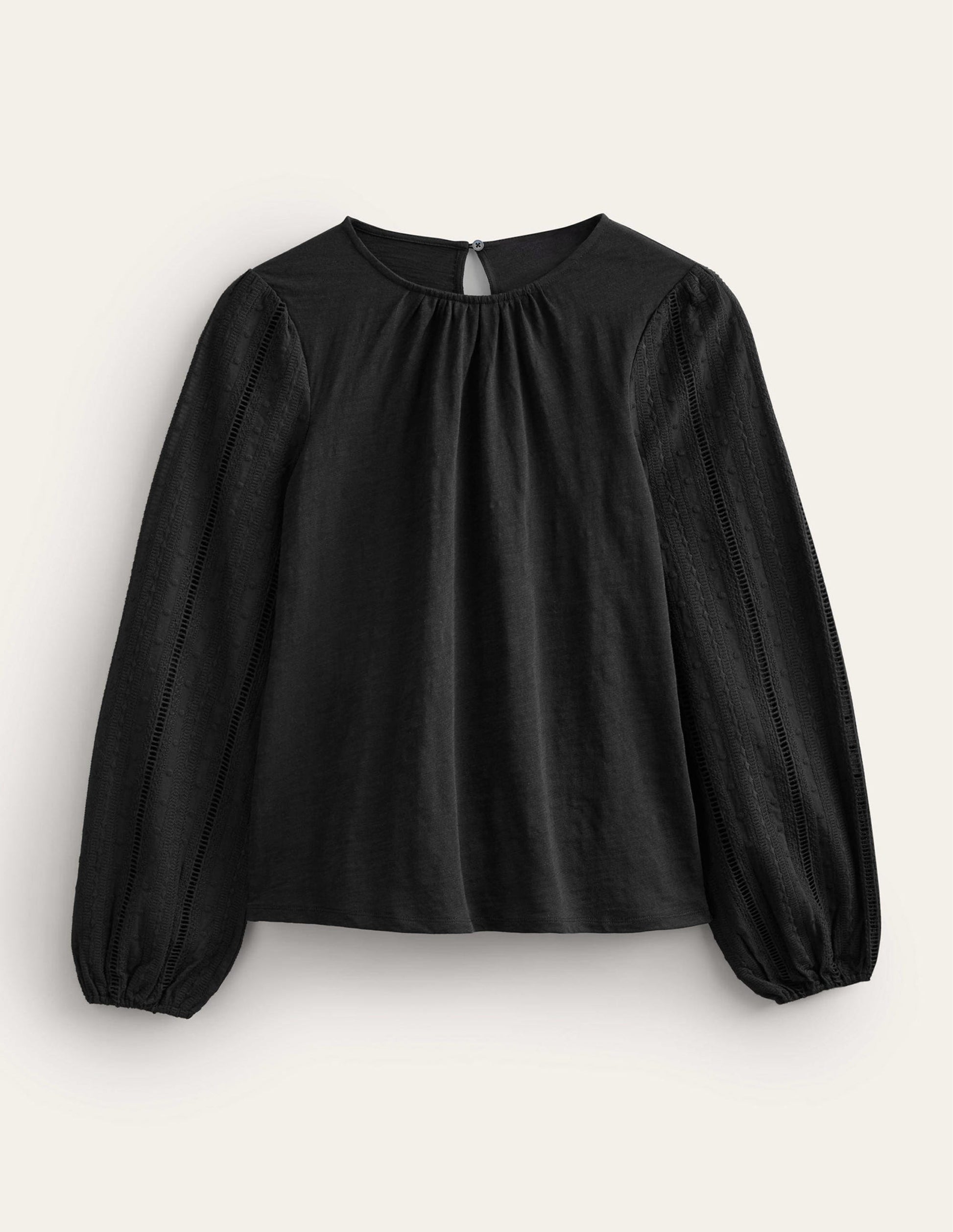 Top col rond avec manches en broderie anglaise-Noir-5