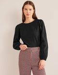 Top col rond avec manches en broderie anglaise-Noir