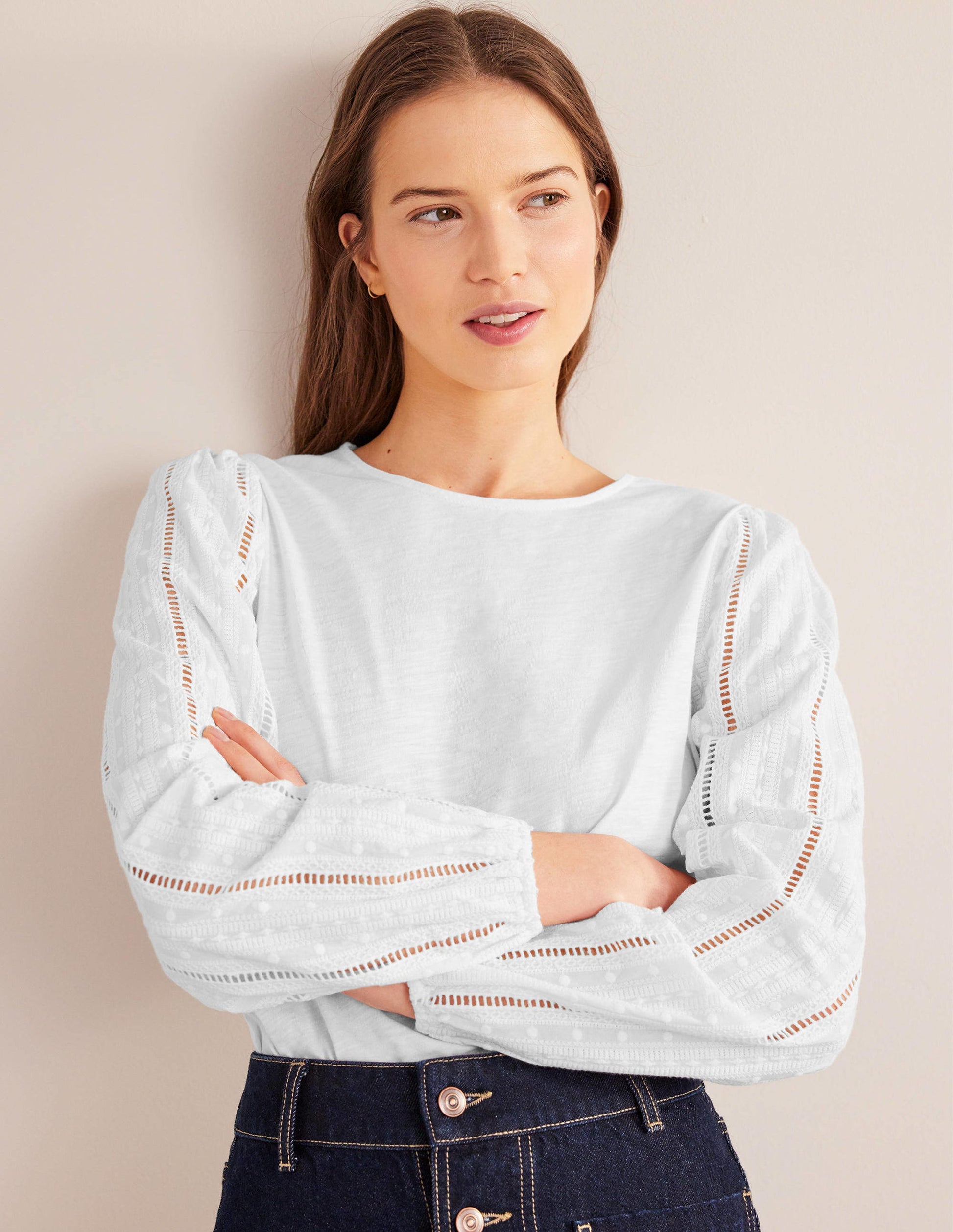 Crew Neck Broderie Sleeve Top-White-1