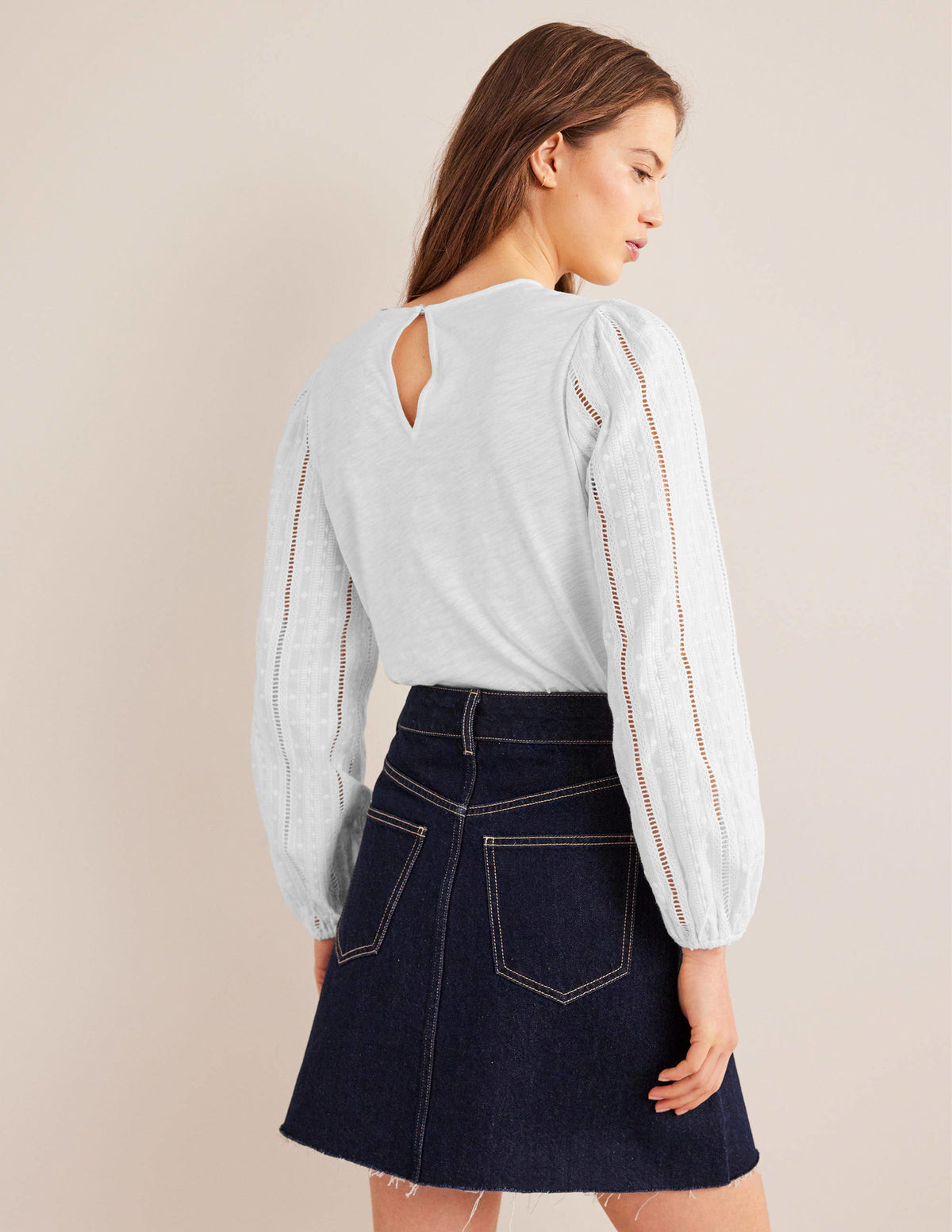 Crew Neck Broderie Sleeve Top-White - Image 3