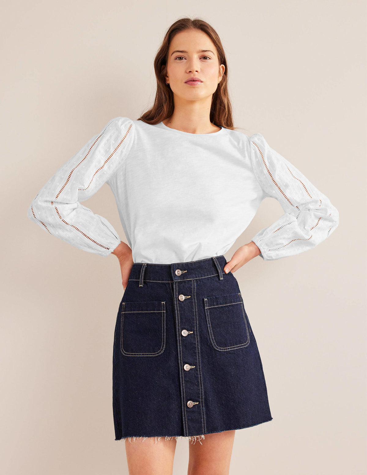 Crew Neck Broderie Sleeve Top-White - Image 4