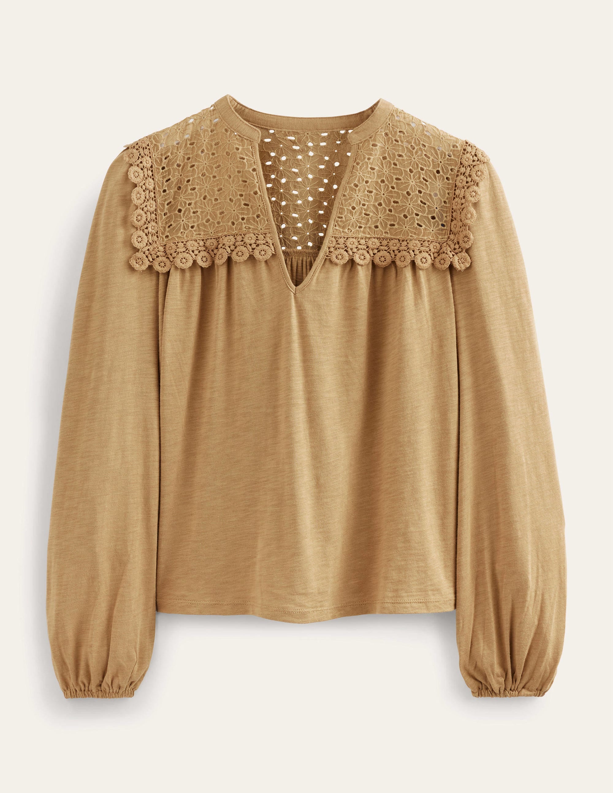 Notch Neck Woven Mix Top-Camel - Image 5