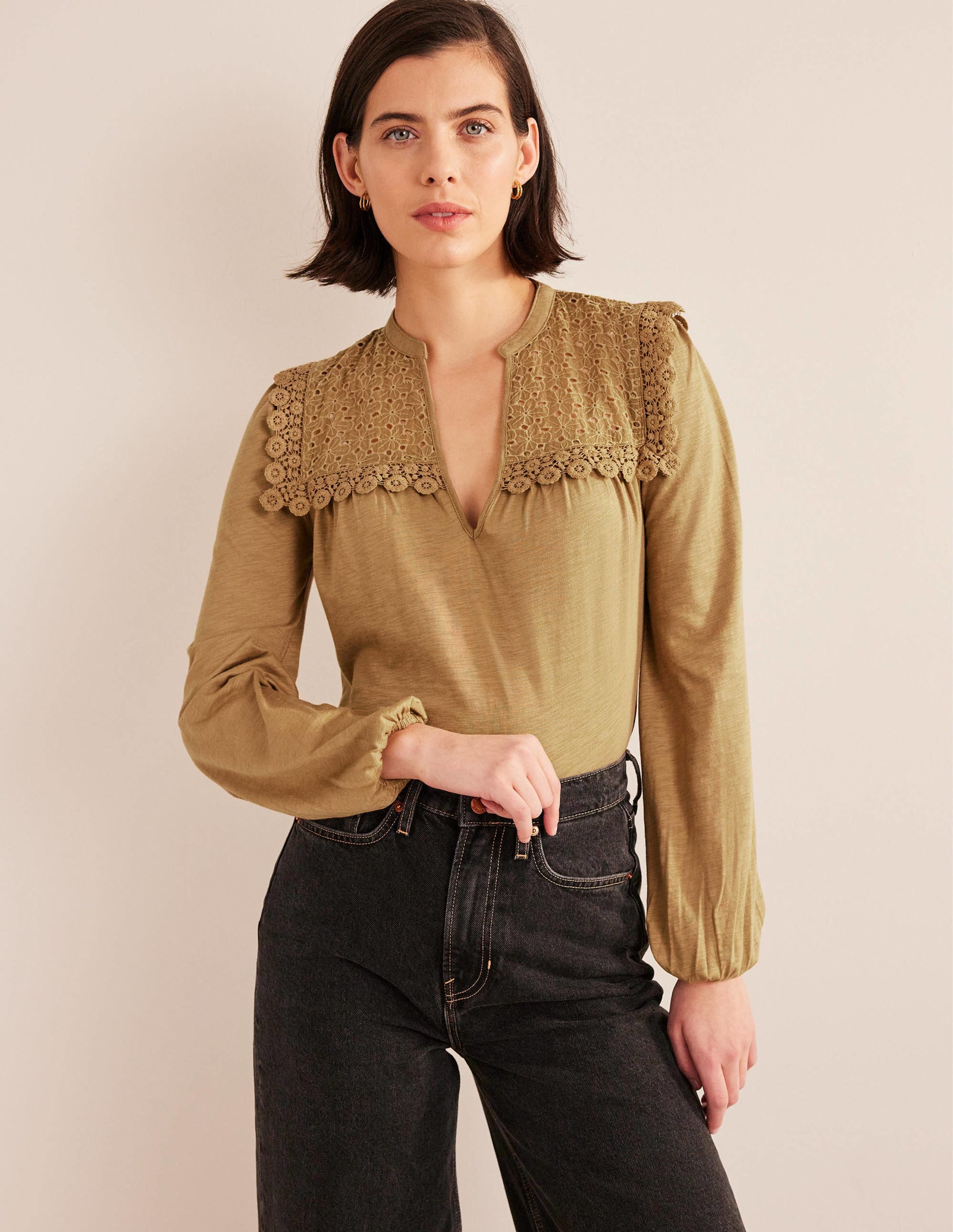 Notch Neck Woven Mix Top-Camel - Image 1