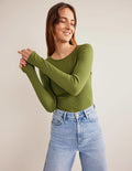 Cotton Ribbed Long Sleeve Top-Washed Khaki