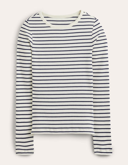 Langärmliges geripptes Baumwolloberteil-Naturweiß/Navy, Gestreift