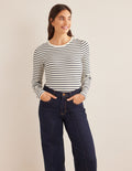 Cotton Ribbed Long Sleeve Top-Ivory/Navy Stripe