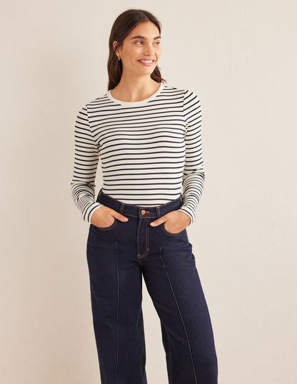 Langärmliges geripptes Baumwolloberteil-Naturweiß/Navy, Gestreift
