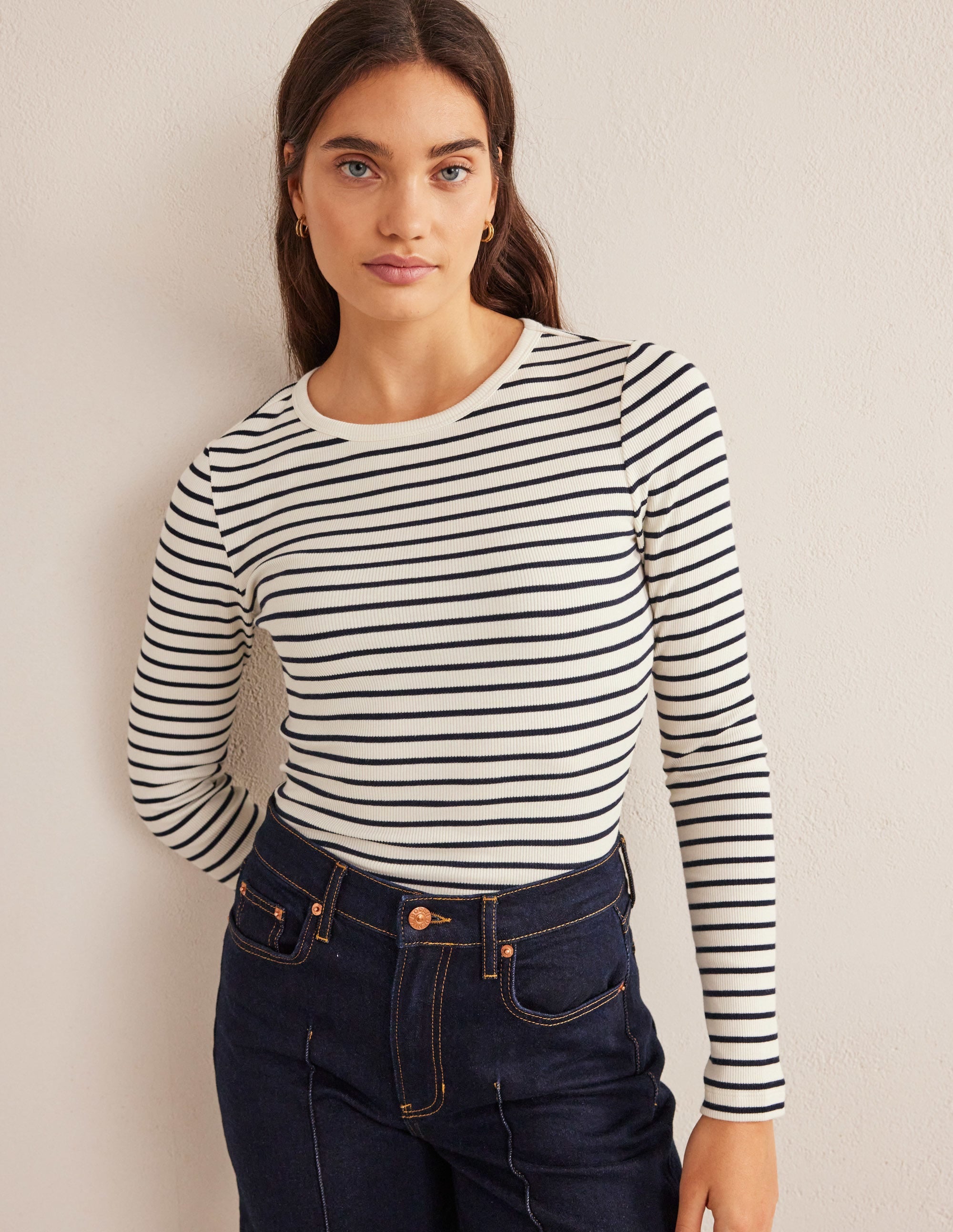 Cotton Ribbed Long Sleeve Top-Ivory/Navy Stripe - Image 4