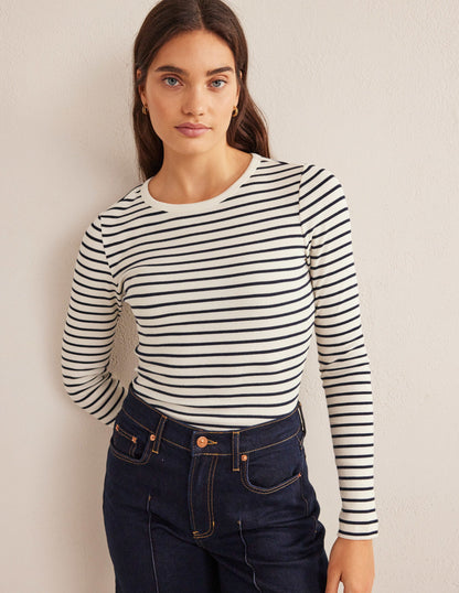 Langärmliges geripptes Baumwolloberteil-Naturweiß/Navy, Gestreift