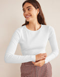 Cotton Ribbed Long Sleeve Top-White