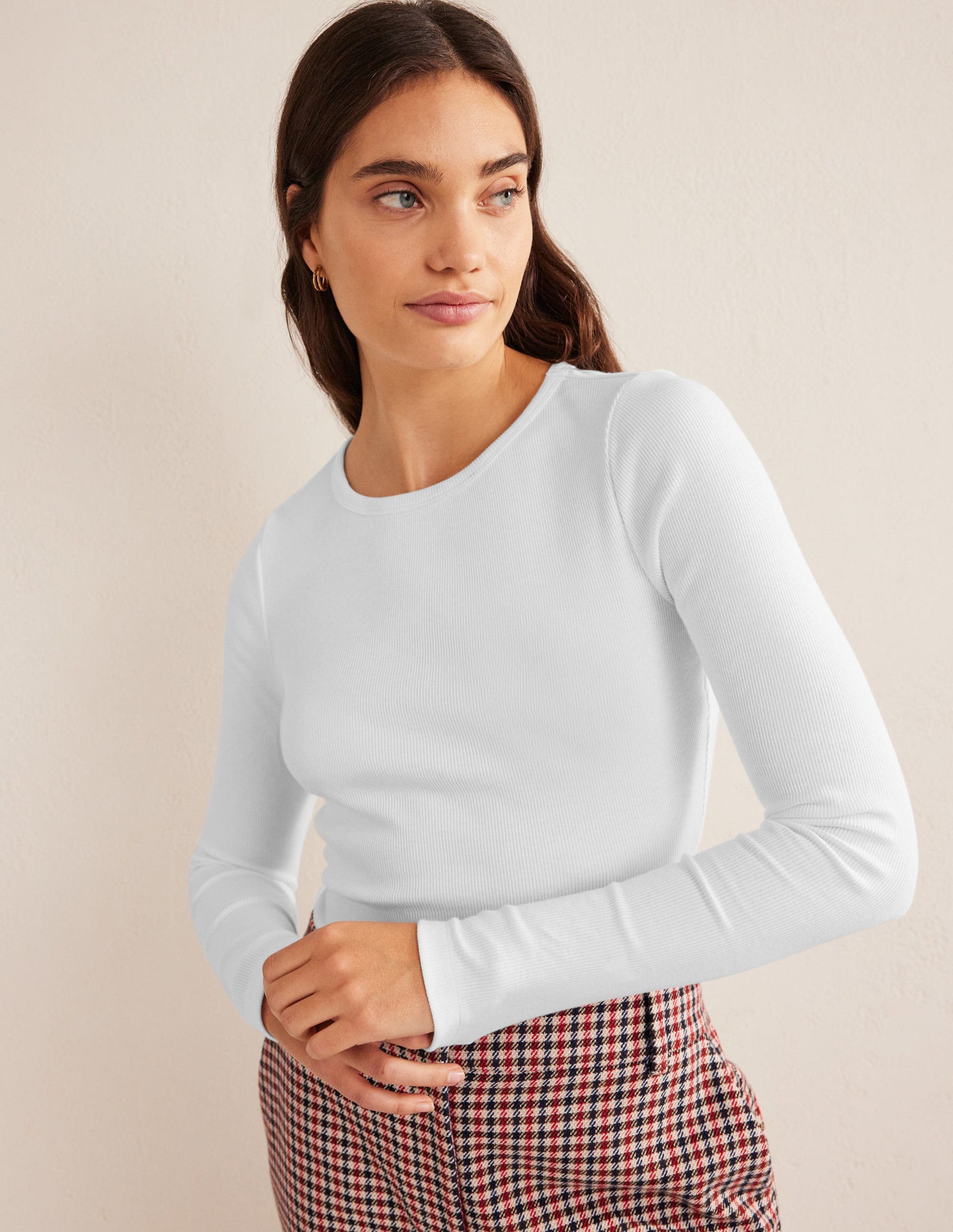 Cotton Ribbed Long Sleeve Top-White-4