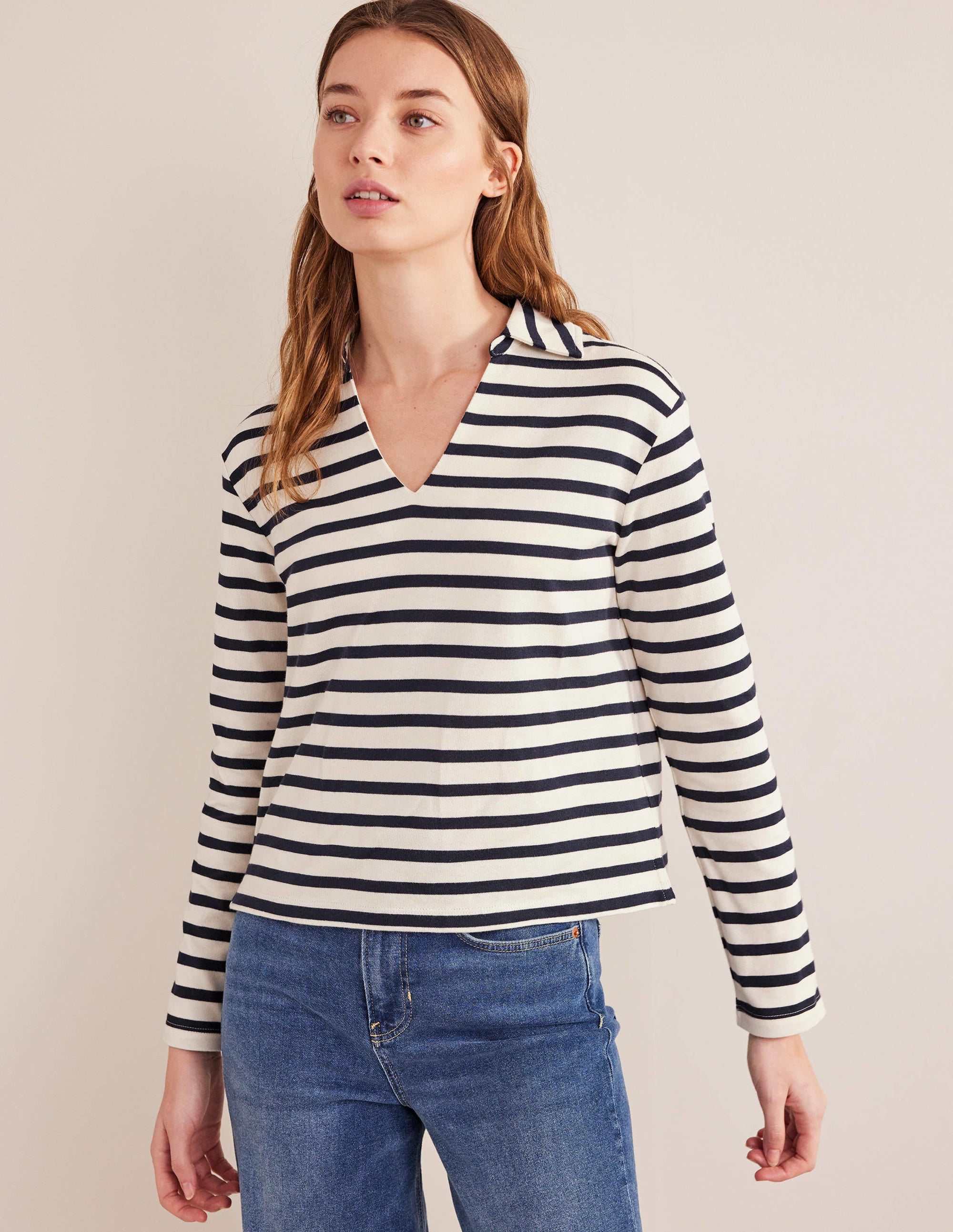 Gestreiftes Oberteil mit gekerbtem Ausschnitt-Naturweiß/Navy, Gestreift - Image 4