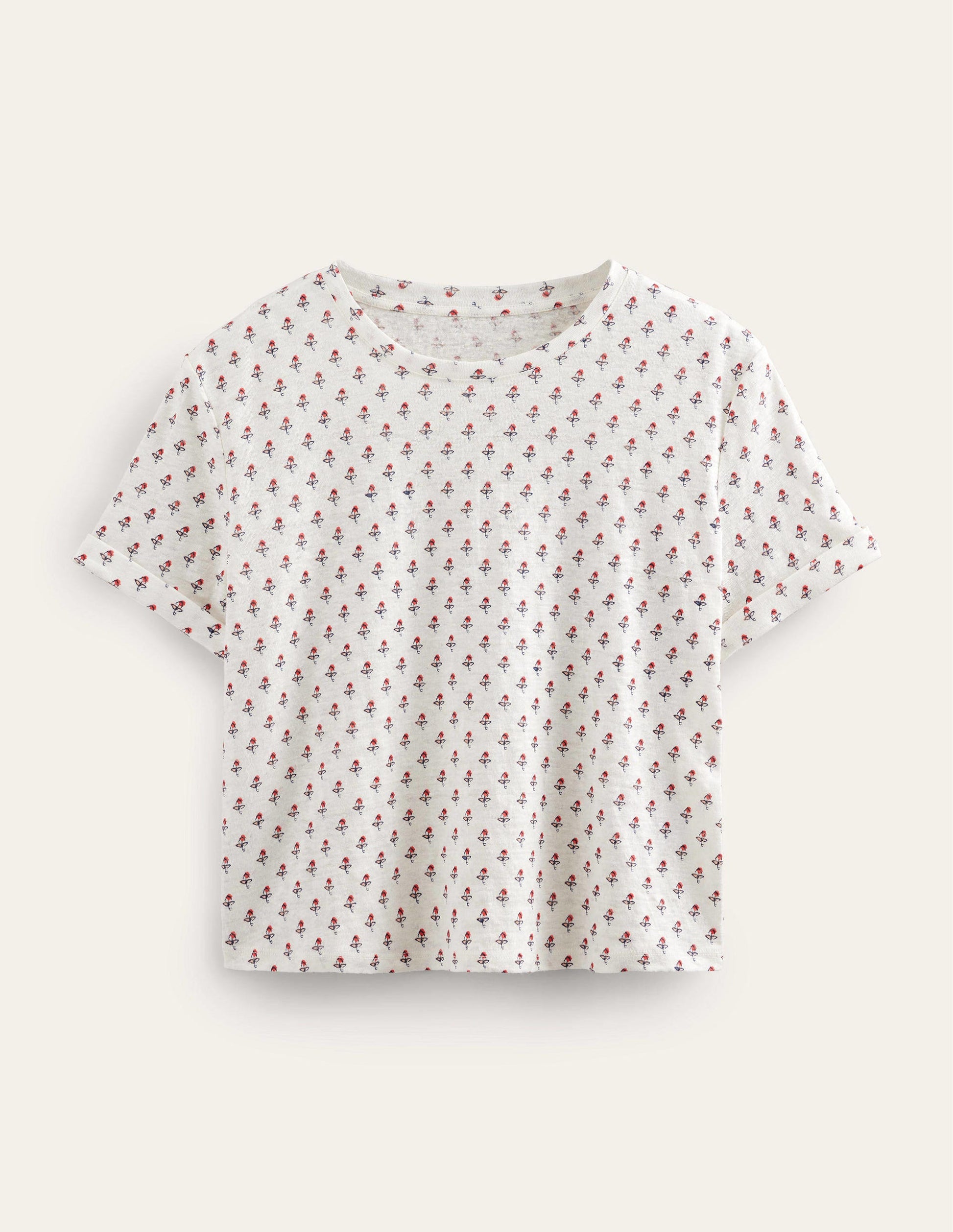 Gemustertes Leinen-T-Shirt-Naturweiß, Tulpenmuster-6
