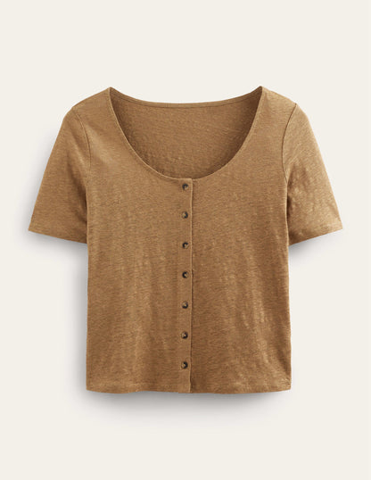 T-shirt en lin à col en U-Camel-5