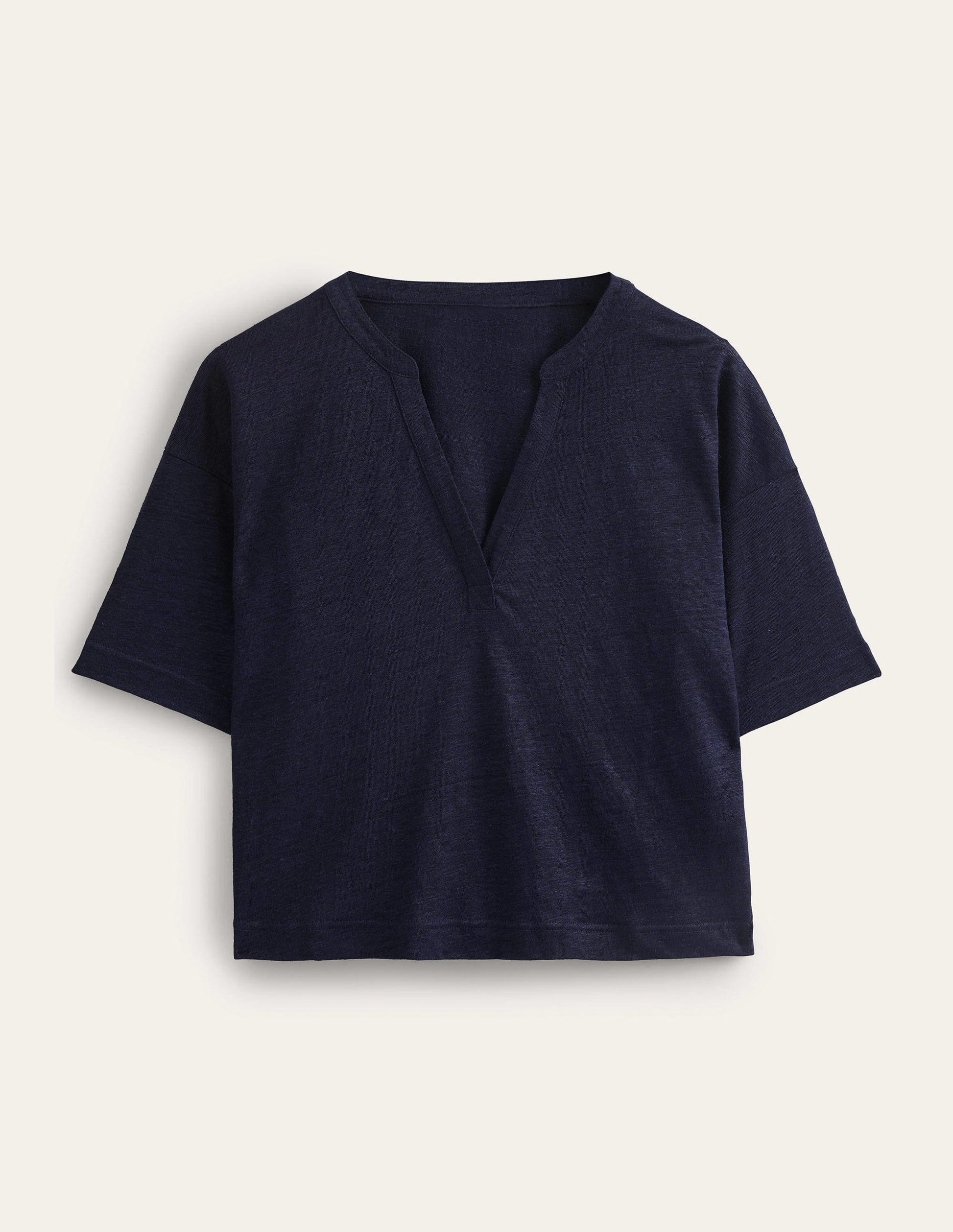 Notch Neck Linen Henley Top-Navy-5