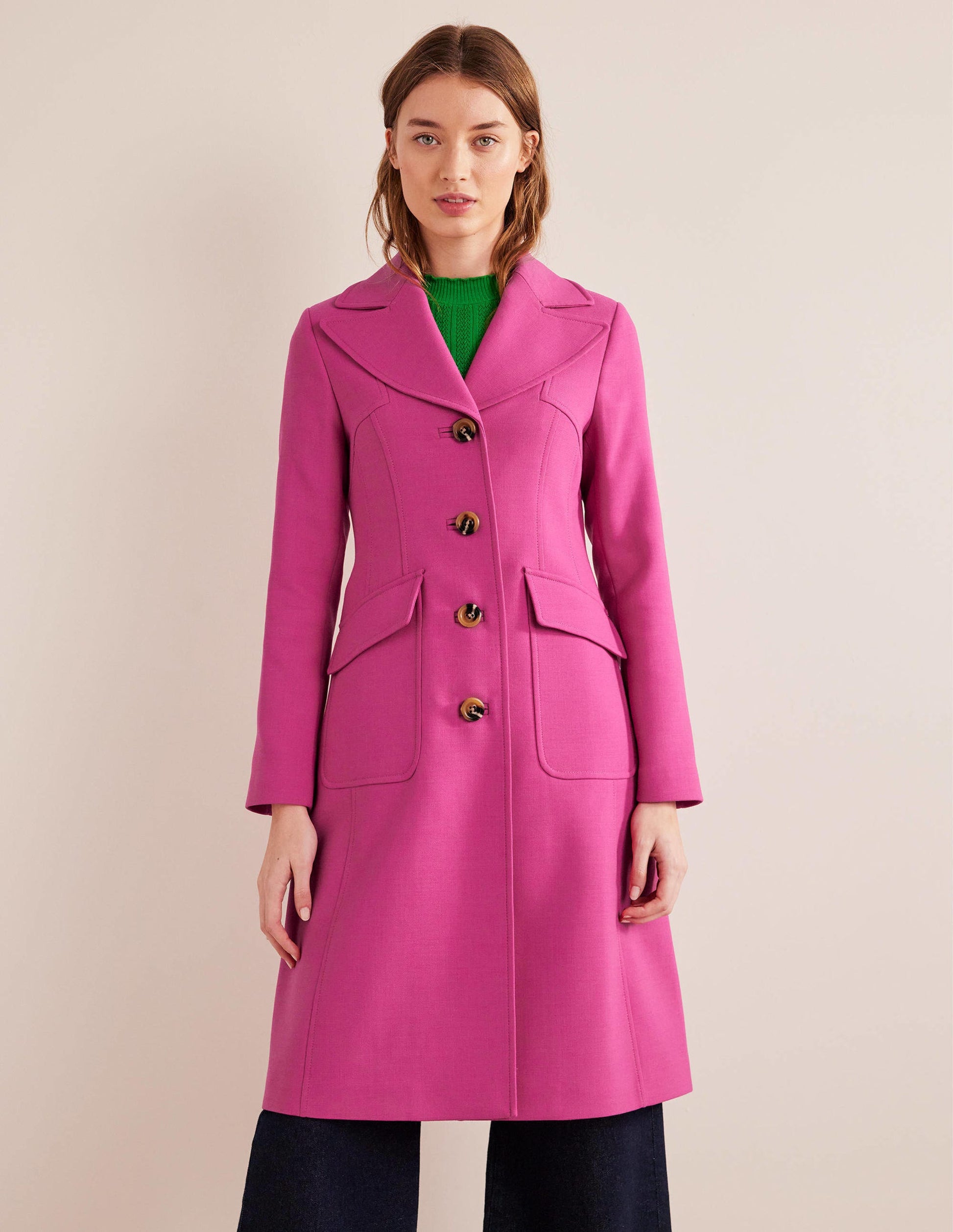 Manteau long ajusté en laine mélangée-Rose-2