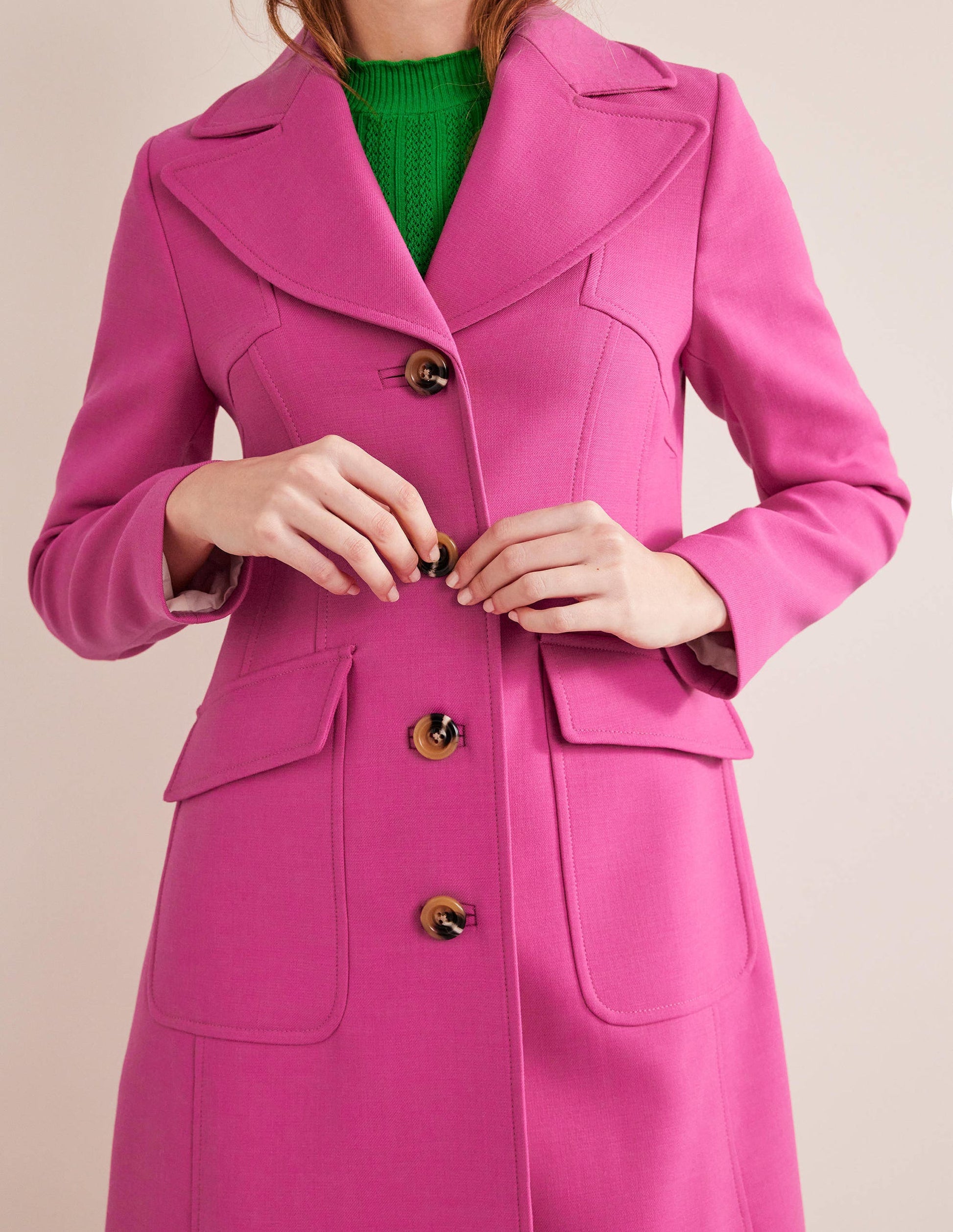 Manteau long ajusté en laine mélangée-Rose-5