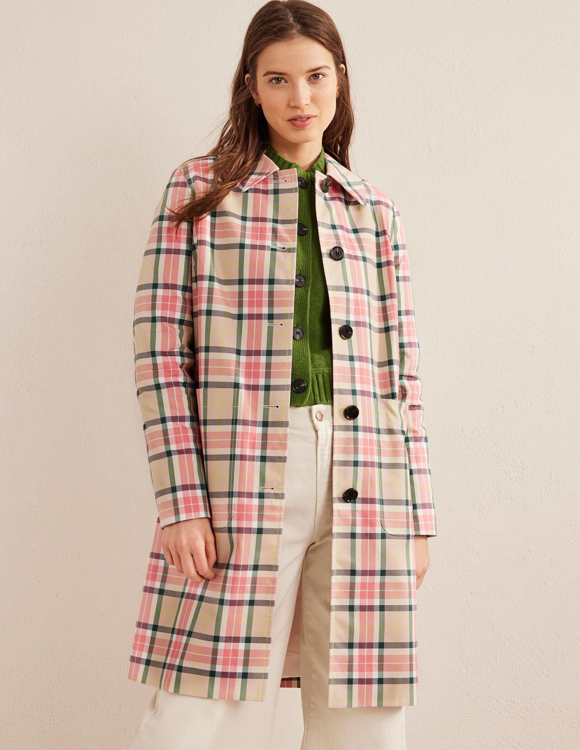 Manteau à carreaux en coton avec col-Carreaux - Image 1