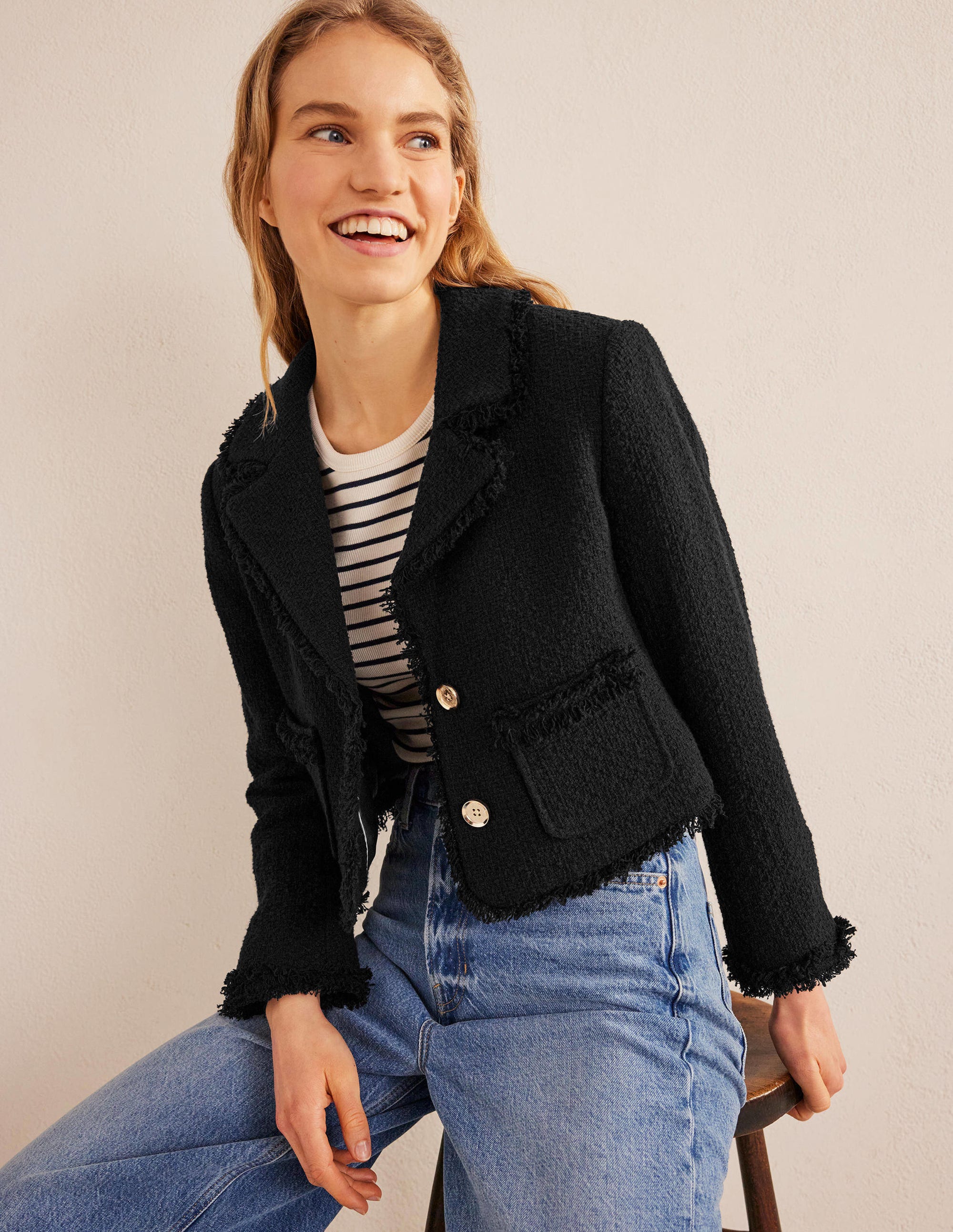 Veste texturée courte et ajustée-Noir - Image 1