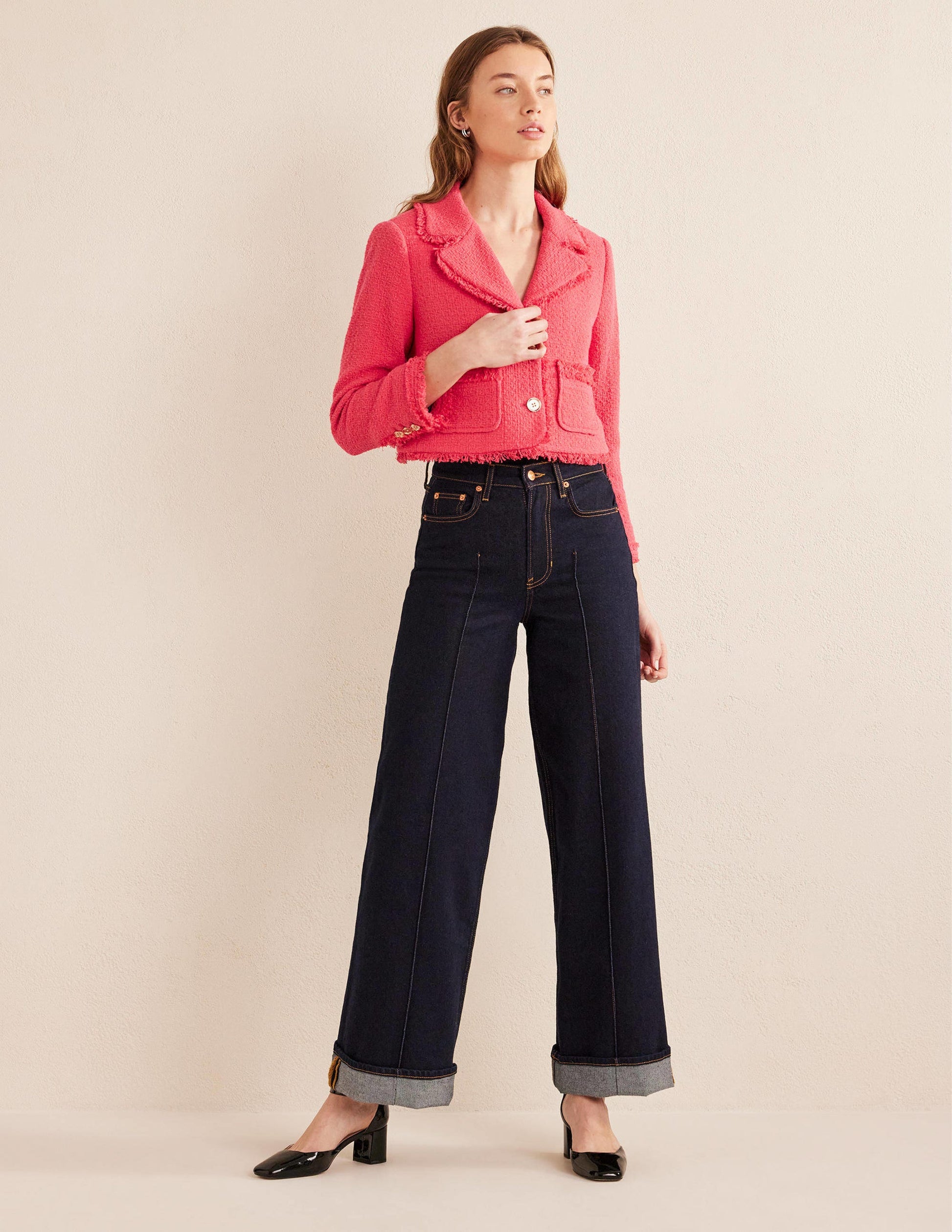 Textured Fitted Cropped Jacket-Coral-4