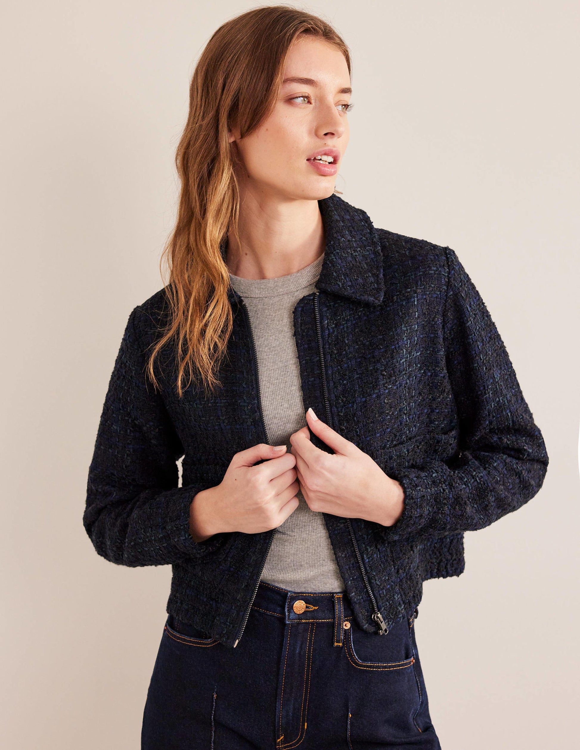 Veste zippée texturée-Bleu marine-4