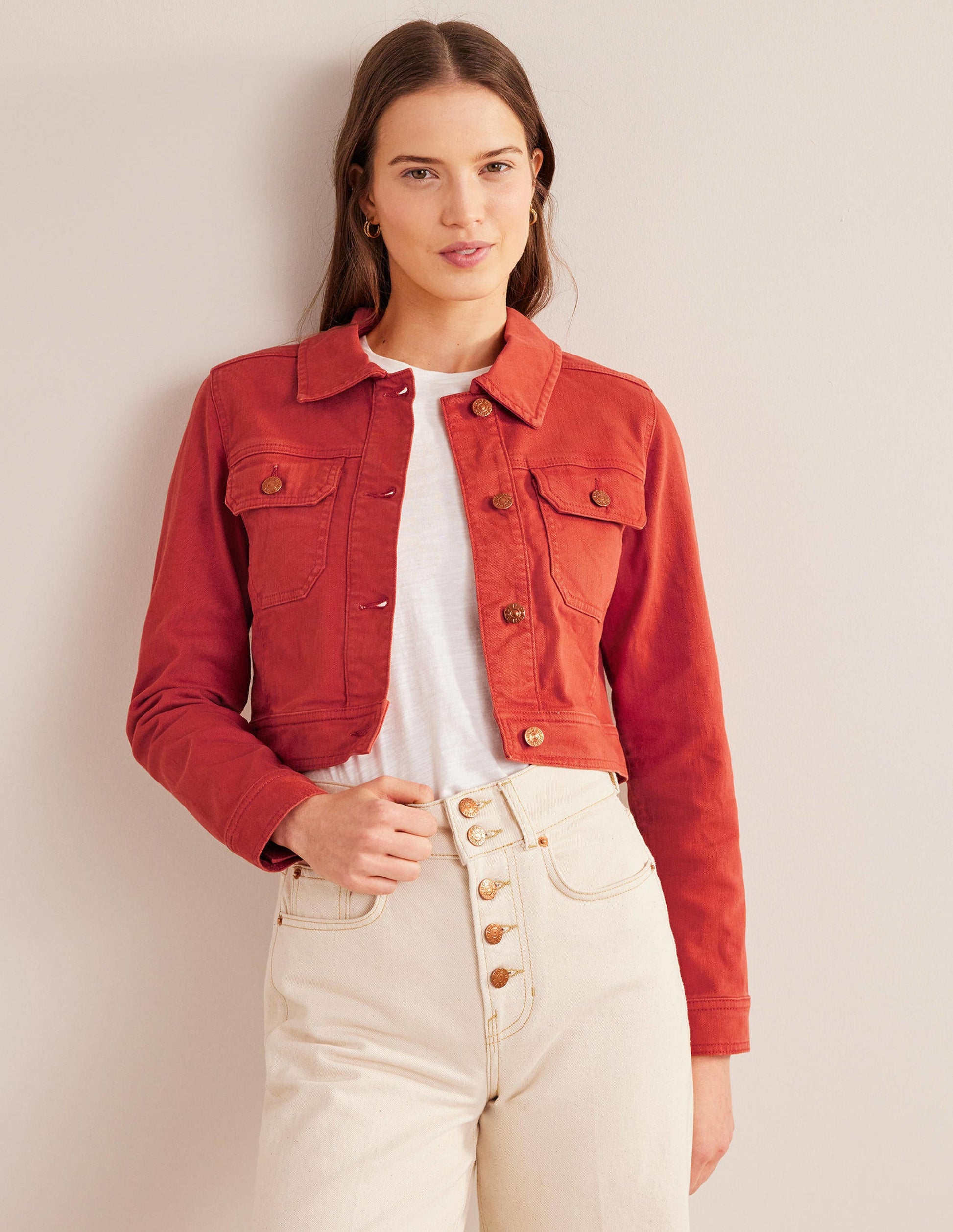 Veste courte décontractée en coton-Tomate-1