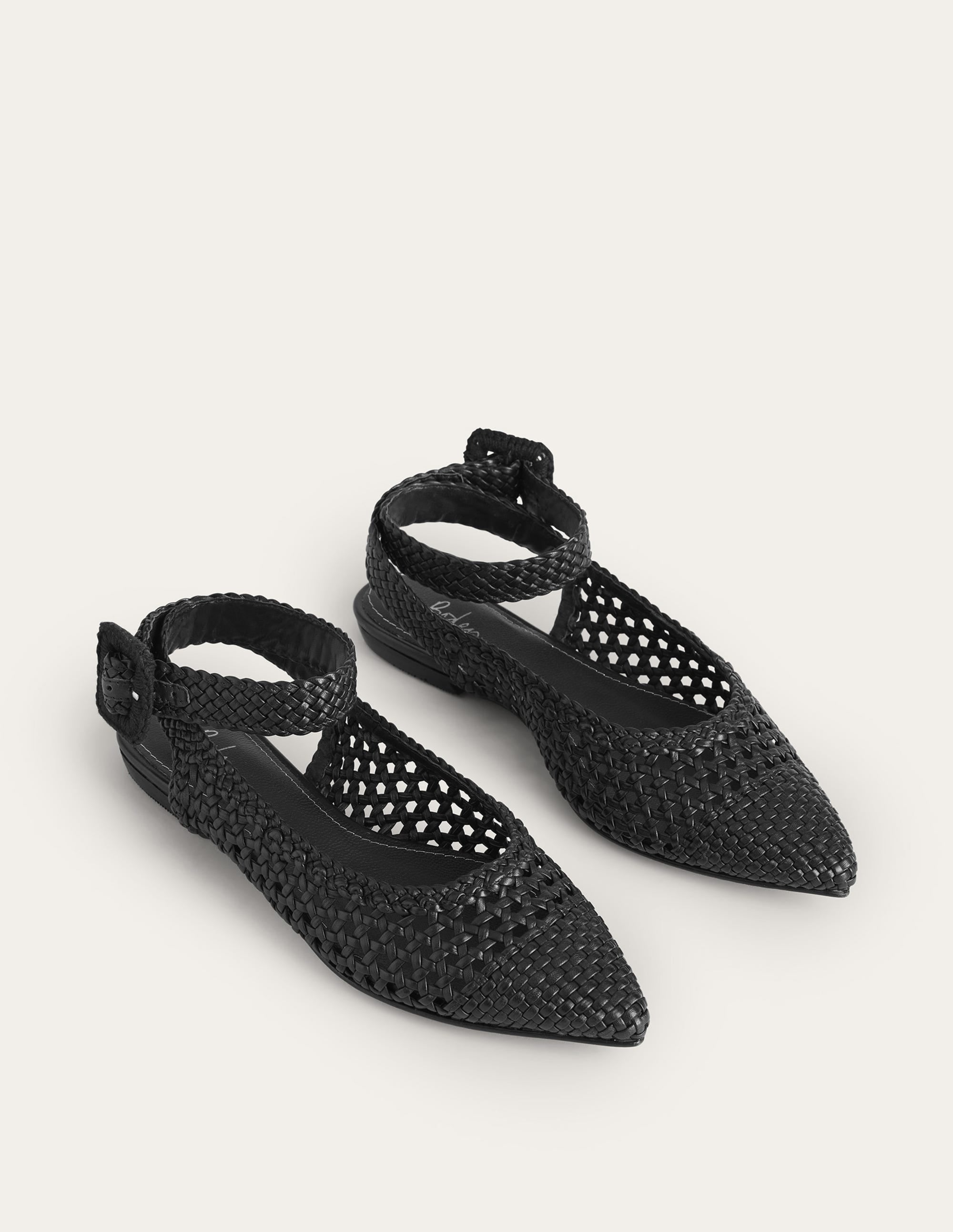 Ankle Strap Pointed Flats-Black Woven Leather - Image 3
