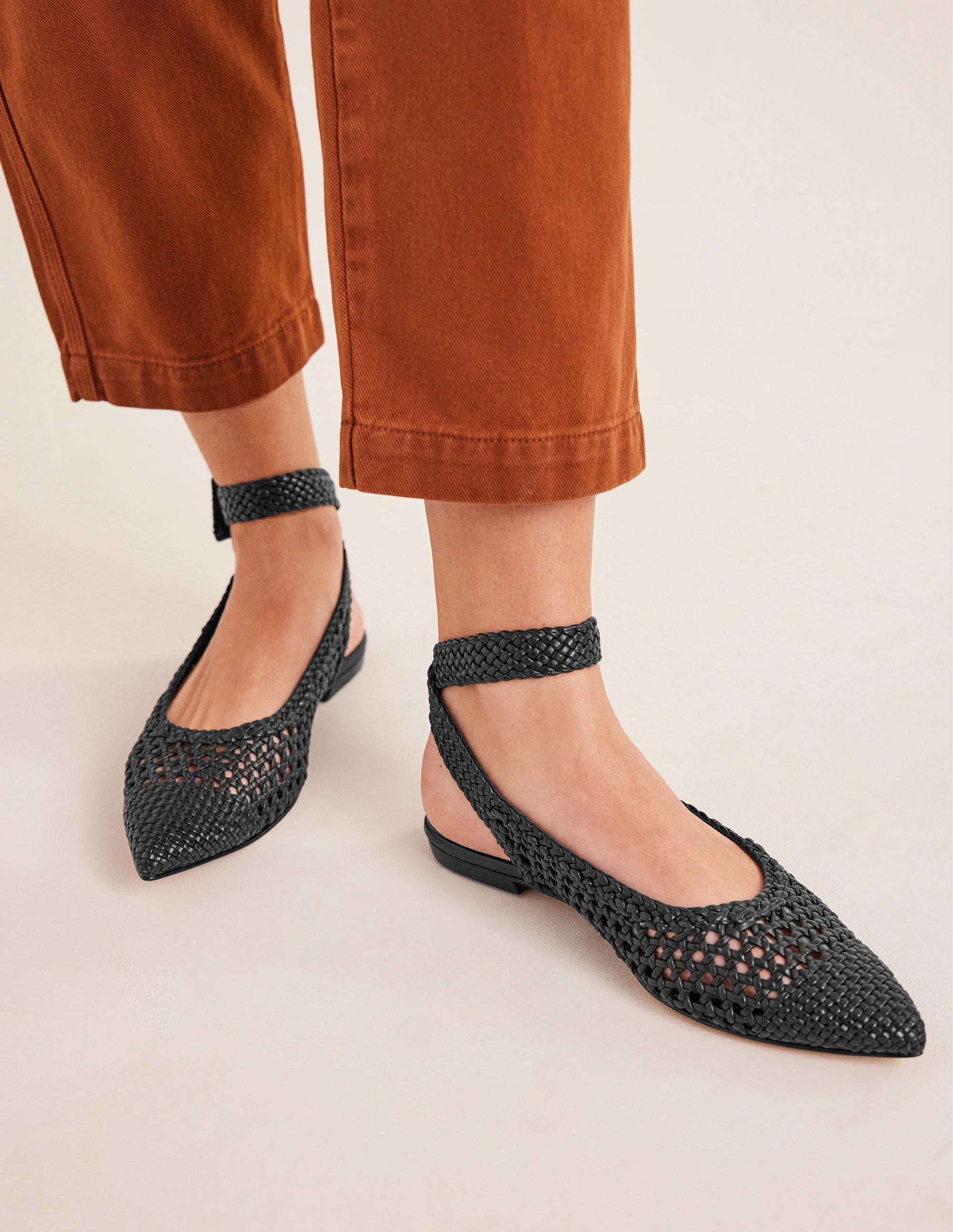 Ankle Strap Pointed Flats-Black Woven Leather - Image 1
