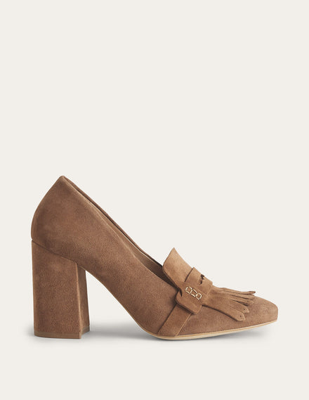 Absatz-Loafer mit Fransendetail-Goldbraun, Veloursleder