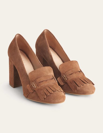 Absatz-Loafer mit Fransendetail-Goldbraun, Veloursleder