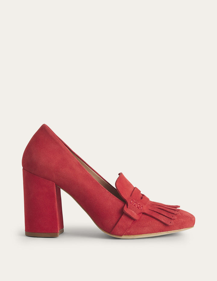 Absatz-Loafer mit Fransendetail-Tomatenrot, Velours-Ziegenleder