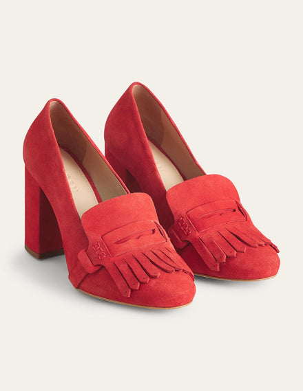 Absatz-Loafer mit Fransendetail-Tomatenrot, Velours-Ziegenleder