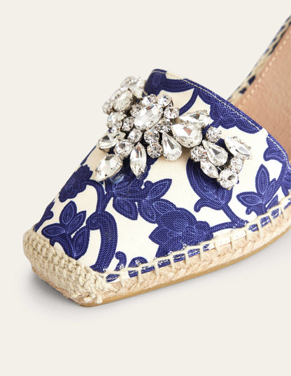 Verzierte Espadrilles mit Keilabsatz-Blau, Geschwungenes Paisleymuster