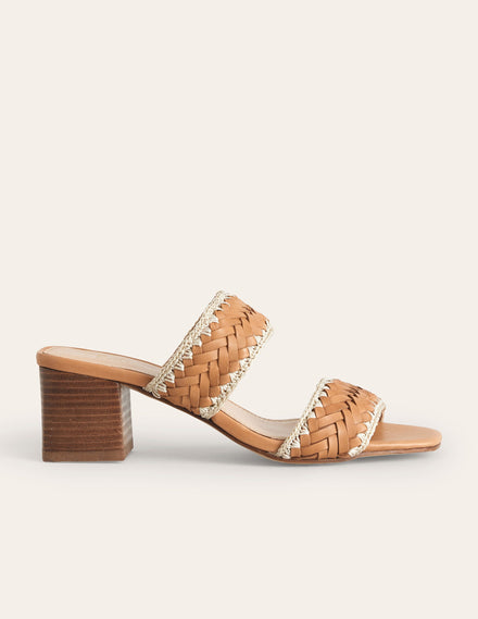 Absatzsandalen mit Webriemen-Hellbraun, Gewebtes Glattleder