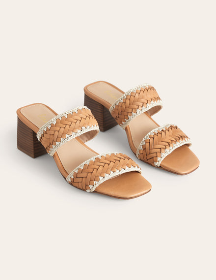 Absatzsandalen mit Webriemen-Hellbraun, Gewebtes Glattleder