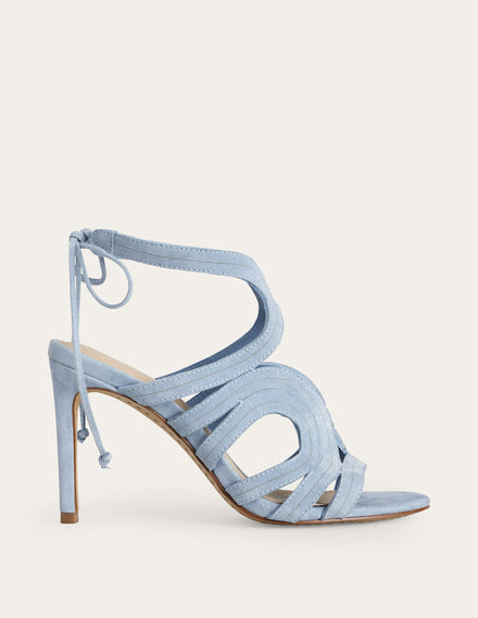 Absatzsandalen mit Cut-out-Delfinblau, Veloursleder