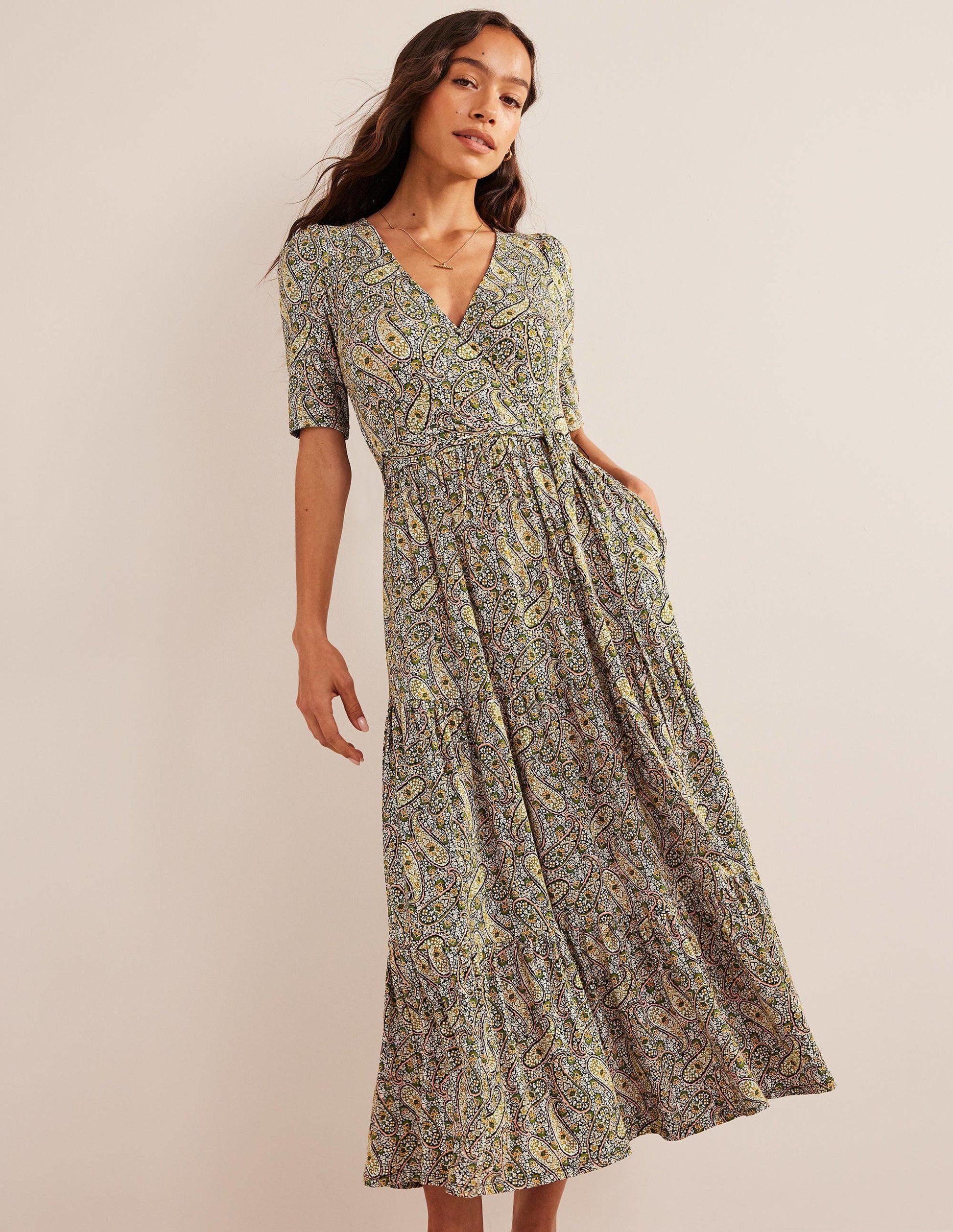 Tiered Wrap Jersey Maxi Dress-Park Ranger, Paisley Blooms-1