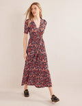 Gestuftes Jersey-Maxiwickelkleid-Rostrot, Orientalische Lilien