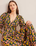 Maxikleid in Empire-Form mit V-Ausschnitt-Dunkles Smaragdgrün, Abstraktes Mohnblumenmuster